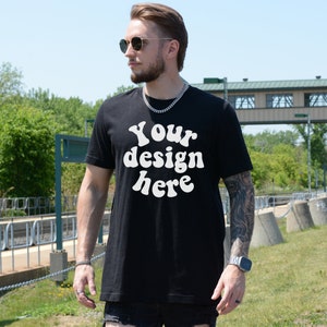 Bella Canvas 3001 Tshirt Mockup | Male Model Mockup | Aesthetic Mockup Men | Black T-shirt Mens Mockup | Lifestyle Mens Mock up | Outdoor