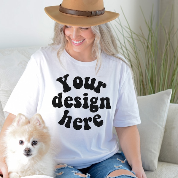 Dog mockup, white Bella Canvas 3001 mock up, white Tee Mockup, Simple tee mockup, white tshirt mockup, Female Model Mockup