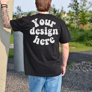 Gildan 64000 Mockup Male Model, Black G640 Mockup Real Human Model For Print On Demand, Outdoor Trendy Mens T Shirt Mockup