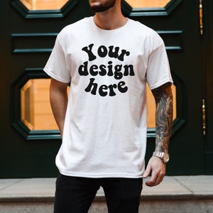 Gildan 5000 Men&#39;s WHITE T-shirt Mockup, Tattooed Model Mockup, Mens Shirt Mockup, White Tshirt Mockup for Men, Aesthetic Mockup