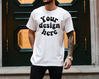 Gildan 5000 Men's WHITE T-shirt Mockup, Tattooed Model Mockup, Mens Shirt Mockup, White Tshirt Mockup for Men, Aesthetic Mockup