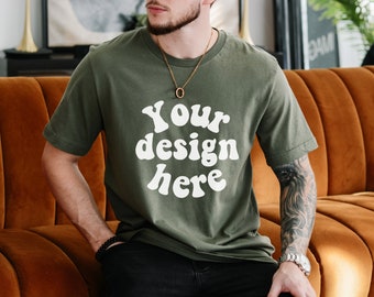 Bella Canvas 3001 military green Tshirt Mockup for Men, Tattooed Model Mockup, Men's Shirt Mockup, Man T-shirt Mockup, Lifestyle Mens Mock