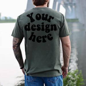 Comfort Colors 1717 Mockup Moss, Male Model, Back Side, Outdoor, Mens 1717 Mockup, Real Model, Trendy Oversized T-Shirt Mockup