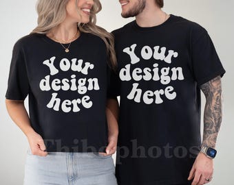Couple Comfort Colors 1717 Black Mockup, Double Shirt Mockup, Man Woman CC1717 T-Shirt Mockup with Real people, Family Mockup