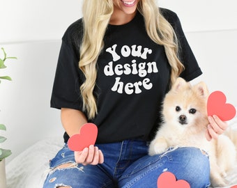 Dog mom shirt  mockup Bella Canvas 3001 Black T-shirt mockup  - Valentine t-shirt mockup  Lifestyle t-shirt mockup with dog
