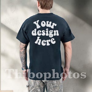 Back Gildan 5000 Mockup Male Model Mockups, Real Man Model - Mens Gildan 5000 Shirt Back Side, Tattooed Model, Aesthetic Lifestyle Mock up