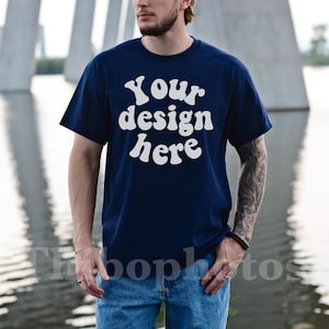 Gildan 5000 Mockup Navy, Male Model, Front Side, Outdoor, Casual Mens G5000 Mockup, Real Model, Trendy Oversized T-Shirt Mockup
