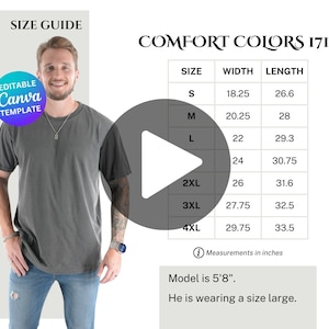 May include: Size chart for a t-shirt with measurements in inches. The chart shows the width and length of the shirt in sizes S, M, L, XL, 2XL, 3XL, and 4XL. The model is 5'8" and is wearing a size large.