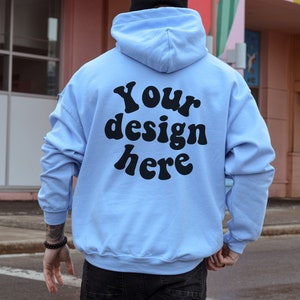 Gildan 18500 back light blue, Men&#39;s Hoodie Mockup Male Model Mockup, Blue Sweater mockup, Oversized Hoodie Mockup for Men Tattooed Model