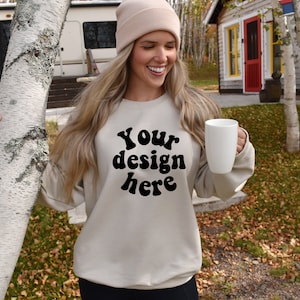 Gildan mockup, Gildan 18000 mockup sand, Sweatshirt mockup, Model holding a coffee mug, Fall mockup, chalet mockup, Camping Mock Up
