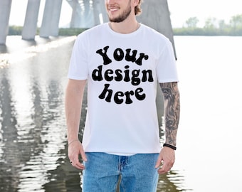 Gildan 64000 Mockup Male Model, G640 Mockup Real Human Model For Print On Demand, Outdoor Trendy Mens T Shirt Mockup, Gildan Softstyle Tee