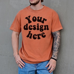 Comfort Colors 1717 Mockup Yam, Male Model, Front Side, Outdoor, Mens 1717 Mockup, Real Model, Trendy Oversized T-Shirt Mockup
