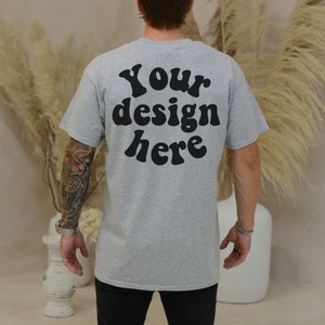 Gildan 5000 Men&#39;s sport grey  BACK T-shirt Mockup, Tattooed Model Mockup, Mens Shirt Mockup, Gray Tshirt Mockup for Men, Aesthetic Mockup