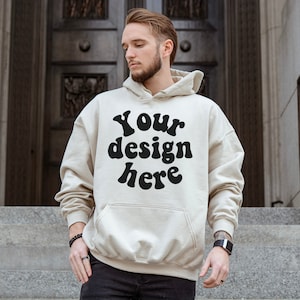 Mens Hoodie Mockup, Gildan 18500 mockup sand, Hoodie Mockup Men, trendy hoodie mockup, outdoor mockup, Front Hoodie Mockups