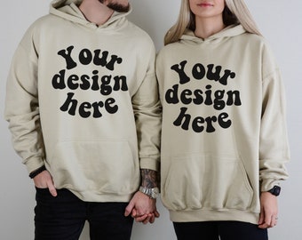 Couple hoodie mockup, Men women hoodie mockup, Sand 18500 mock up, Husband wife sweatshirt Mockup, Gildan 18500 Mockup, Sand Hoodie mockup
