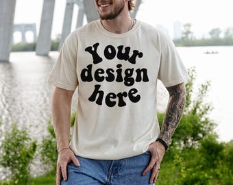 Comfort Colors 1717 Mockup Ivory, Male Model, Front Side, Outdoor, Mens 1717 Mockup, Real Model, Trendy Oversized T-Shirt Mockup