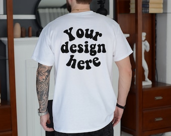 Gildan 5000 Men's WHITE T-shirt Mockup, Tattooed Model Mockup, Mens Shirt Mockup, White Tshirt Mockup for Men, Aesthetic Mockup