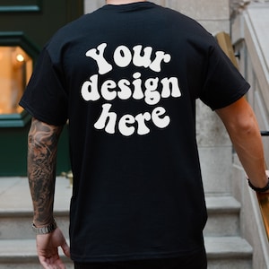 Gildan 5000 back mockup Men&#39;s black T-shirt Mockup, Tattooed Model Mockup, Mens Shirt Mockup, Black Tshirt Mockup for Men, Outdoor