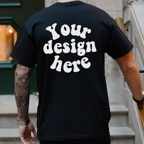 Gildan 5000 back mockup Men's black T-shirt Mockup, Tattooed Model Mockup, Mens Shirt Mockup, Black Tshirt Mockup for Men, Outdoor