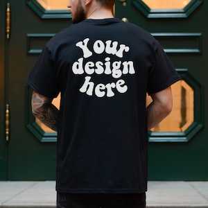 Back of Gildan 5000 Men&#39;s black T-shirt Mockup, Tattooed Model Mockup, Mens Shirt Mockup, Black Tshirt Mockup for Men, Aesthetic Mockup