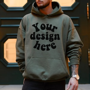 Military green Gildan 18500 mockup, Men Hoodie Mockup, 18500 outdoor mockup, Men model , trendy hoodie mockup Lifestyle mens mock, Hooded