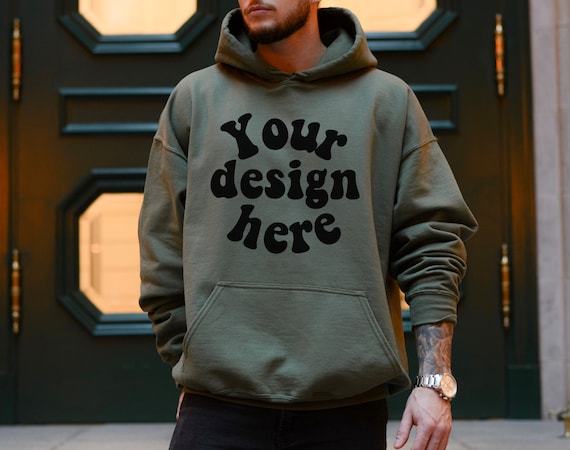 Military green Gildan 18500 mockup, Men Hoodie Mockup, 18500 outdoor mockup, Men model , trendy hoodie mockup Lifestyle mens mock, Hooded
