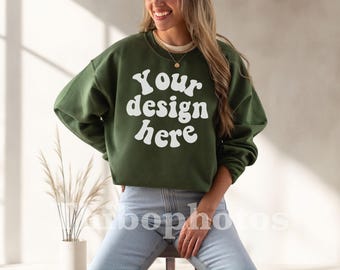 Gildan 18000 Military Green Mockup - Oversized Sweatshirt Mockup - Kaki Gildan 18000 Mockup - POD Model Mockup - Real Woman Model Boho Style