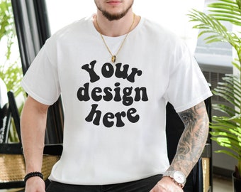 Gildan 5000 Men's WHITE T-shirt Mockup, Tattooed Model Mockup, Mens Shirt Mockup, White Tshirt Mockup for Men, Aesthetic Mockup