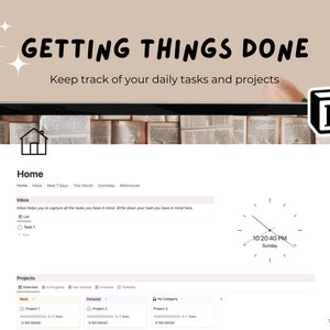 Peut inclure: Un écran d'ordinateur portable affichant une application de gestion des tâches appelée "Getting Things Done". L'application a une icône d'accueil, une boîte de réception et une section projets. Il est 22h20:40 et c'est dimanche.