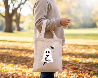 Halloween snoepzak gepersonaliseerd met naam | Katoenen zak | Spook, pompoen, vleermuis