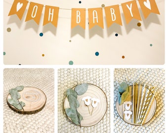 Babyparty Set mit Wimpelkette Cake Topper Strohhalme Konfetti Luftballons und Mini Muffin Topper
