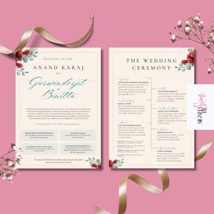 Pode incluir: Um guia de cerimônia de casamento com ilustrações florais e texto descrevendo a cerimônia Anand Karaj, uma tradição de casamento sikh. O guia inclui informações sobre a procissão de casamento do noivo, os quatro hinos de casamento e a oração final.