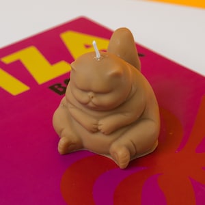 Może przedstawiać: Brązowa świeca w kształcie kota z białym knotem. Świeca stoi na różowym podłożu z nadrukiem "CANDLE LUME".