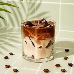 May include: A candle in a clear glass, designed to resemble an iced coffee drink. The candle has layers of white, brown, and dark brown wax, with wax cubes on top. Coffee beans are scattered around the base of the glass on a light green tiled surface.