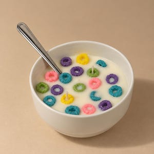 May include: A white ceramic bowl filled with white wax and colourful ring-shaped wax pieces resembling cereal. A silver metal spoon rests inside the bowl. Two white candle wicks are visible protruding from the wax surface among the colourful rings.