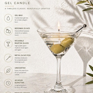 May include: Olive Martini gel candle in a clear martini glass with two olives and a metal olive pick. The candle has a 40-hour burn time and is unscented. The text on the image says "Olive Martini Gel Candle" and "Made in Canada."