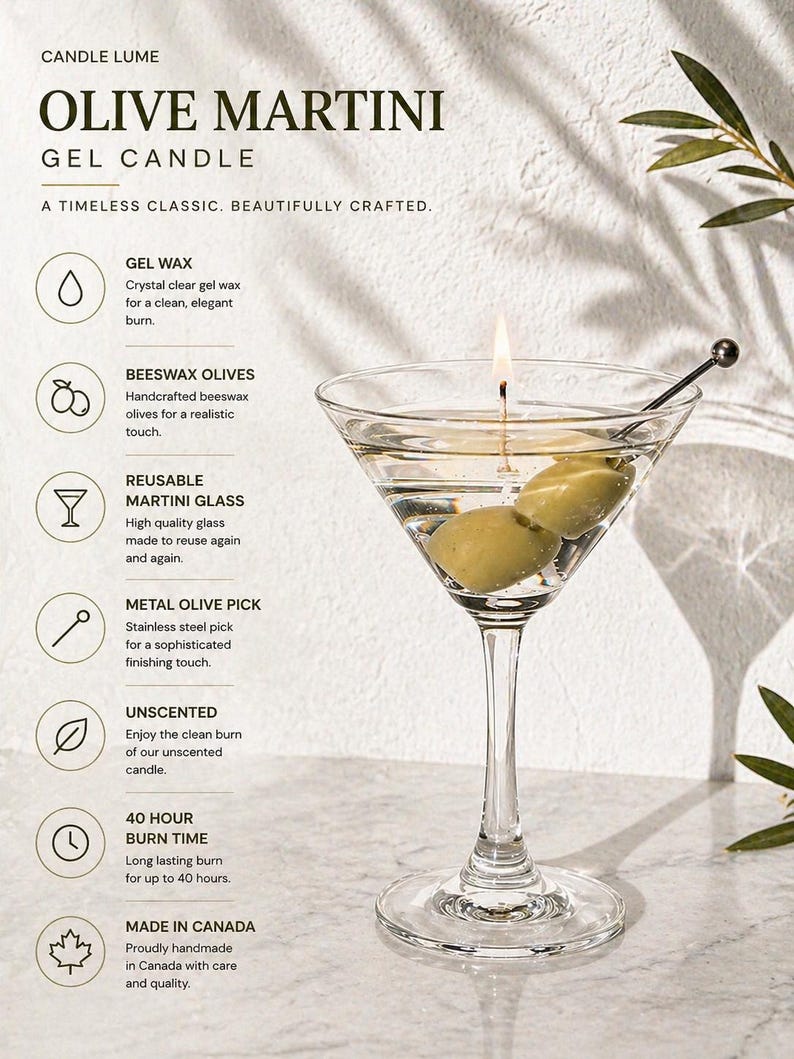 May include: Olive Martini gel candle in a clear martini glass with two olives and a metal olive pick. The candle has a 40-hour burn time and is unscented. The text on the image says "Olive Martini Gel Candle" and "Made in Canada."