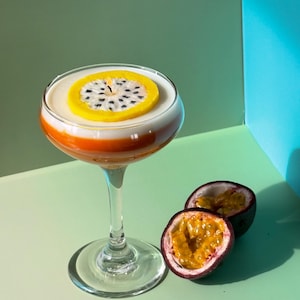 Passion Fruit Martini Candle: Tall Coupe Glass, Cocktail Lover Gift