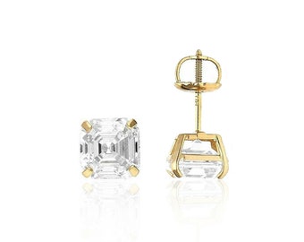 1.Ct Asscher Cut Created Diamond Earrings Genuine 14K Solid Yellow Gold Screw Back Earrings, Diamond Stud Earrings, Solid Gold Earrings 5mm