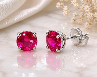 Created Ruby Solitaire Stud Earrings: 14K White Gold, 6MM Dark Pink, July Birthstone