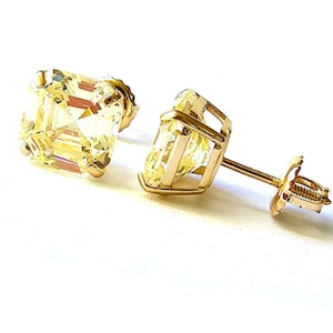 Canary Asscher Cut Simulated Diamond Stud Earrings Real 14K Solid Yellow Gold Screw Back Earrings | Light Yellow Stud Earrings Birthday Gift