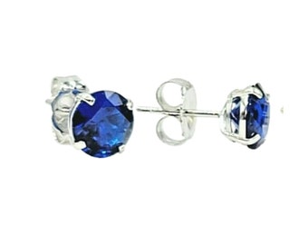 Round Created Sapphire Stud Earrings | 14K White Gold, 2.00 Carat