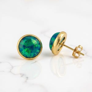14K Solid Yellow Gold Green Opal Stud Earrings: Bezel Set Dainty Opal Studs