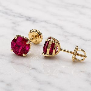 14K Yellow Gold Created Ruby Stud Earrings | Dark Pink Birthstone Screw Back