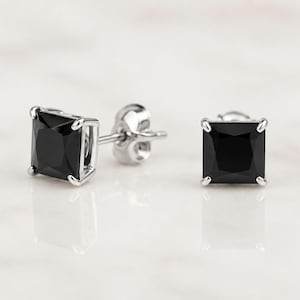 Princess Cut Stud Earrings Genuine 14Kt Solid White Gold Push Back, Created Black Onyx Stud Earrings, Solid Gold Black Studs Gift For Men