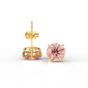 Fancy Pink Stud Earrings Real 14K Yellow Solid Gold Earrings, Solitaire Simulated Pink Diamond Earrings Push Back, Crafted Jewelry For Gift