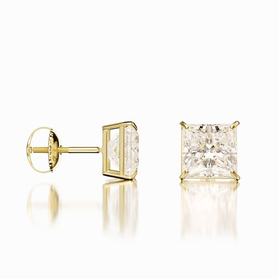 1.60 Ct Princess Cut Moissanite Stud Earrings | 14K Solid Yellow Gold, Screw Back