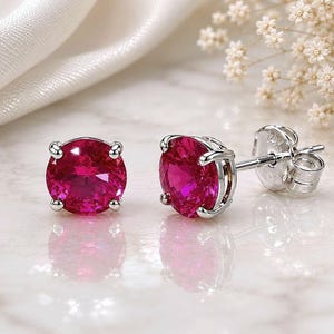1 Ct Round Cut Created Ruby Stud Earrings Real 14K Solid White Gold Push Back 5MM