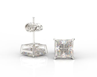 14K White Gold Princess Cut Stud Earrings, Simulated Diamond, 1 Ct