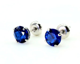 Created Sapphire Stud Earrings, 14K White Gold Screw Back Solitaire | Fine Jewelry